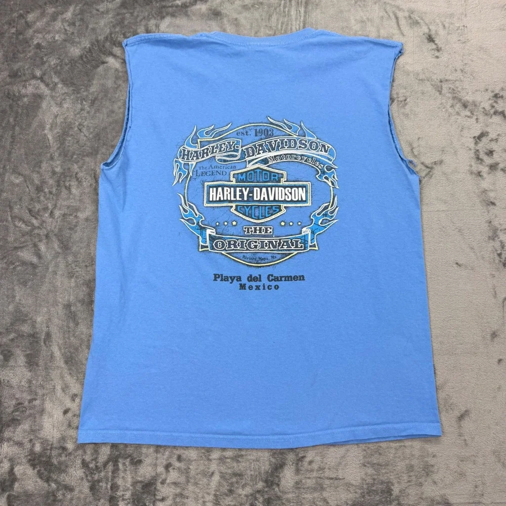 Harley Davidson Playa Del Carmen Mexico Sleeveless T-Shirt Mens Large Blue - Picture 2 of 9